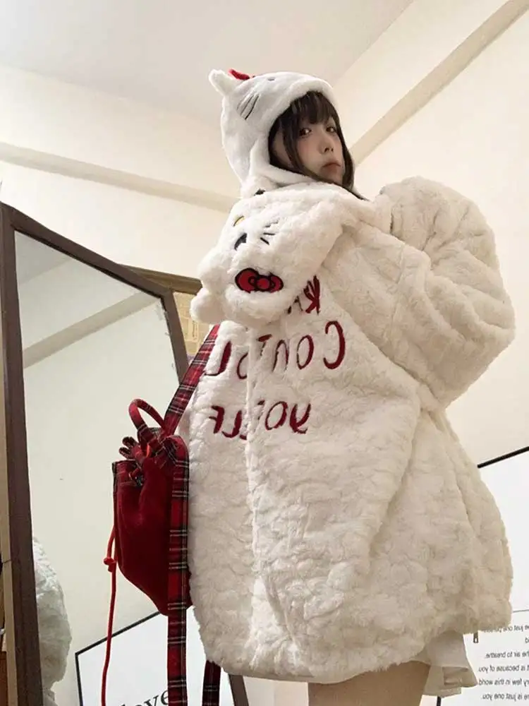 REDDACHIC Cozy Cartoon Cat Hooded Plush Jacket Women Embroidery White Fluffy Winter Coat Zip Up Kawaii Lolita Y2k Casual Outwear