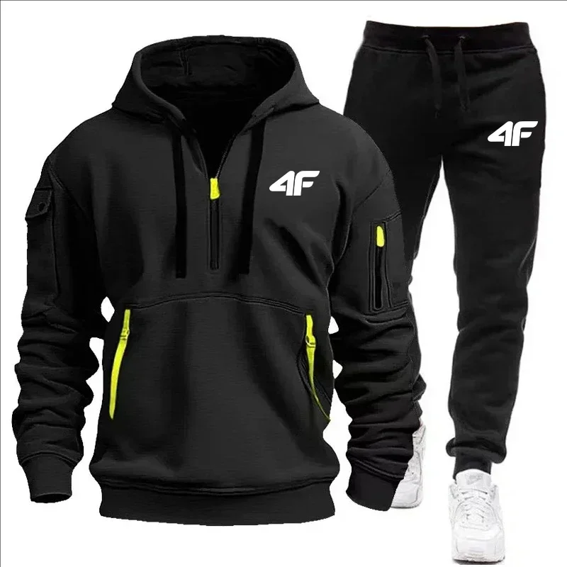 

Men's multi-pocket zip hooded coat and protective pants casual sportswear for winter and autumn warmth set of 2 pieces S-3XL ext