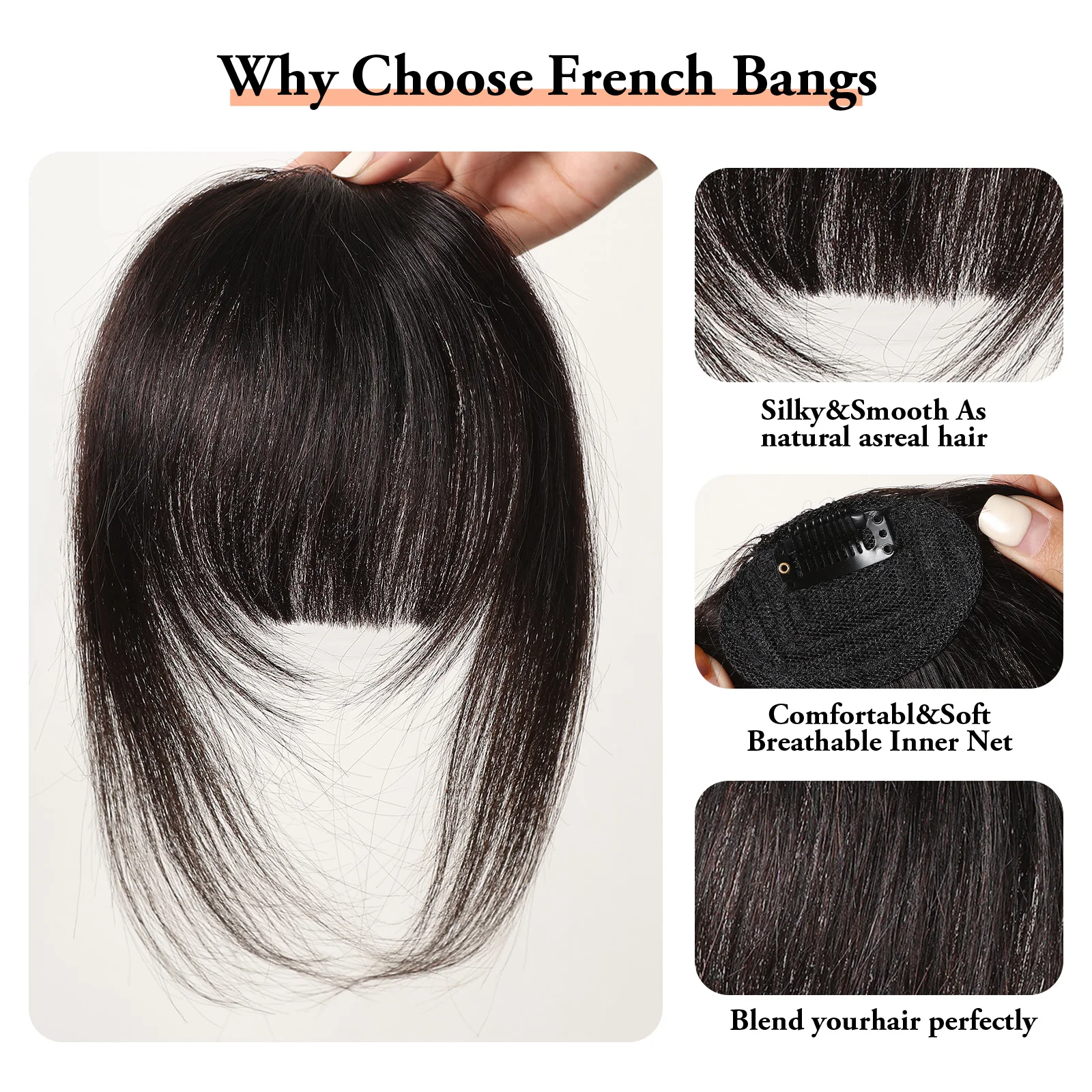 100% Remy Human Hair Fringe Bangs Clips in Natural Black Human Hair 3D Air Fringe Bangs Hairpieces for Women with Thinning Hair