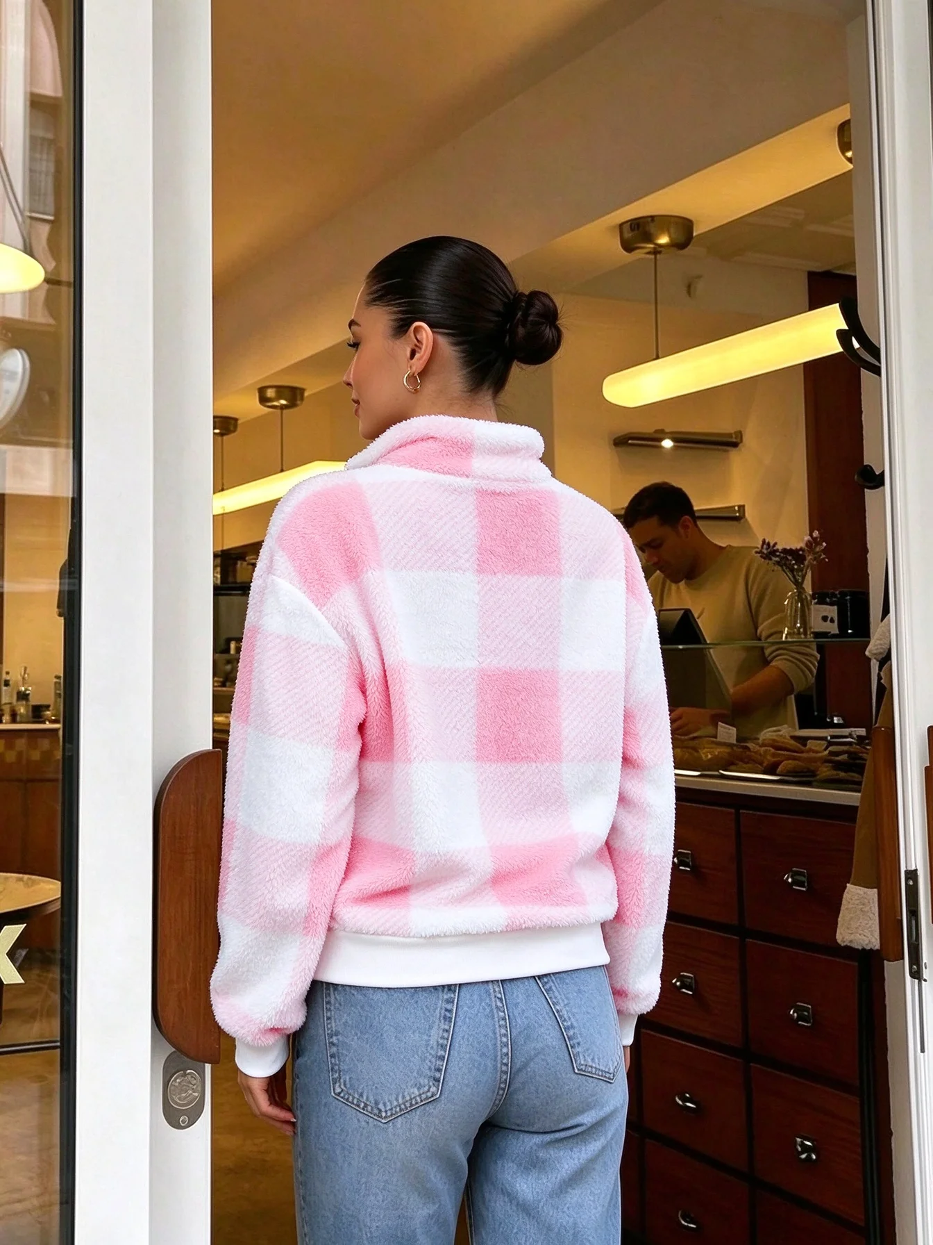 Women Plaid Fleece Half Zip Sweatshirt Stand Checkered Sherpa Pullover Casual Long Sleeve Top