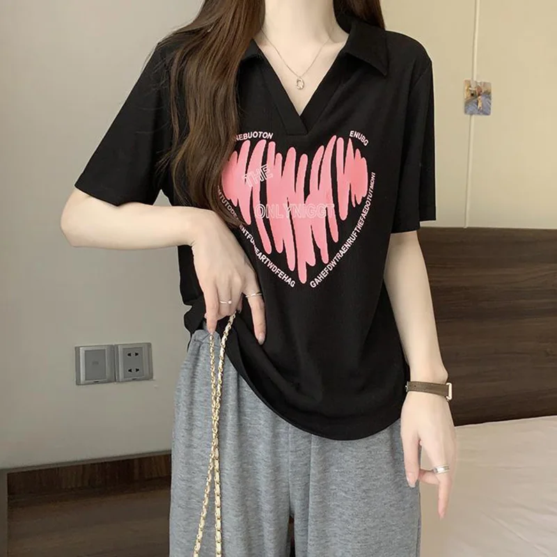 Camiseta informal con estampado de letras y solapa para mujer, ropa holgada de manga corta que combina con todo, coreana, 2024