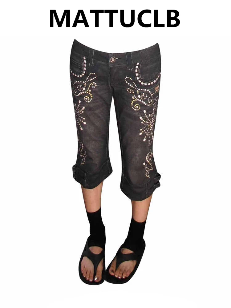 

Summer Women American Retro Jorts Rhinestone Jean Shorts Y2K Design Goth Harajuku Calf-Length Denim Pants Japanese High Street