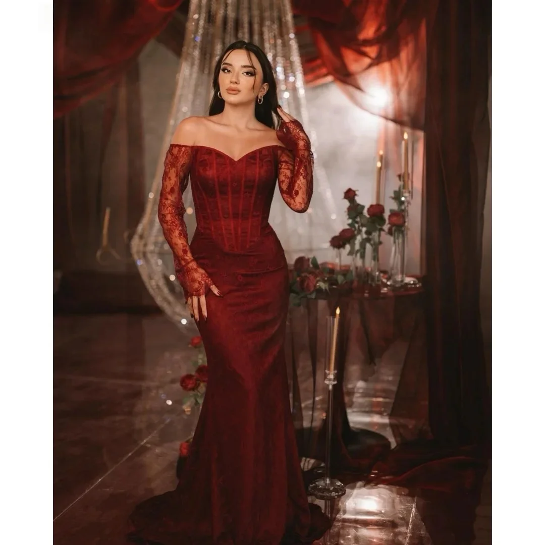 

Long Sleeves Lace Bespoke Occasion Gown Long Evening Dresses Pastrol Unisex Jersey Retro Dubai Saudi Arabic Prom Customized