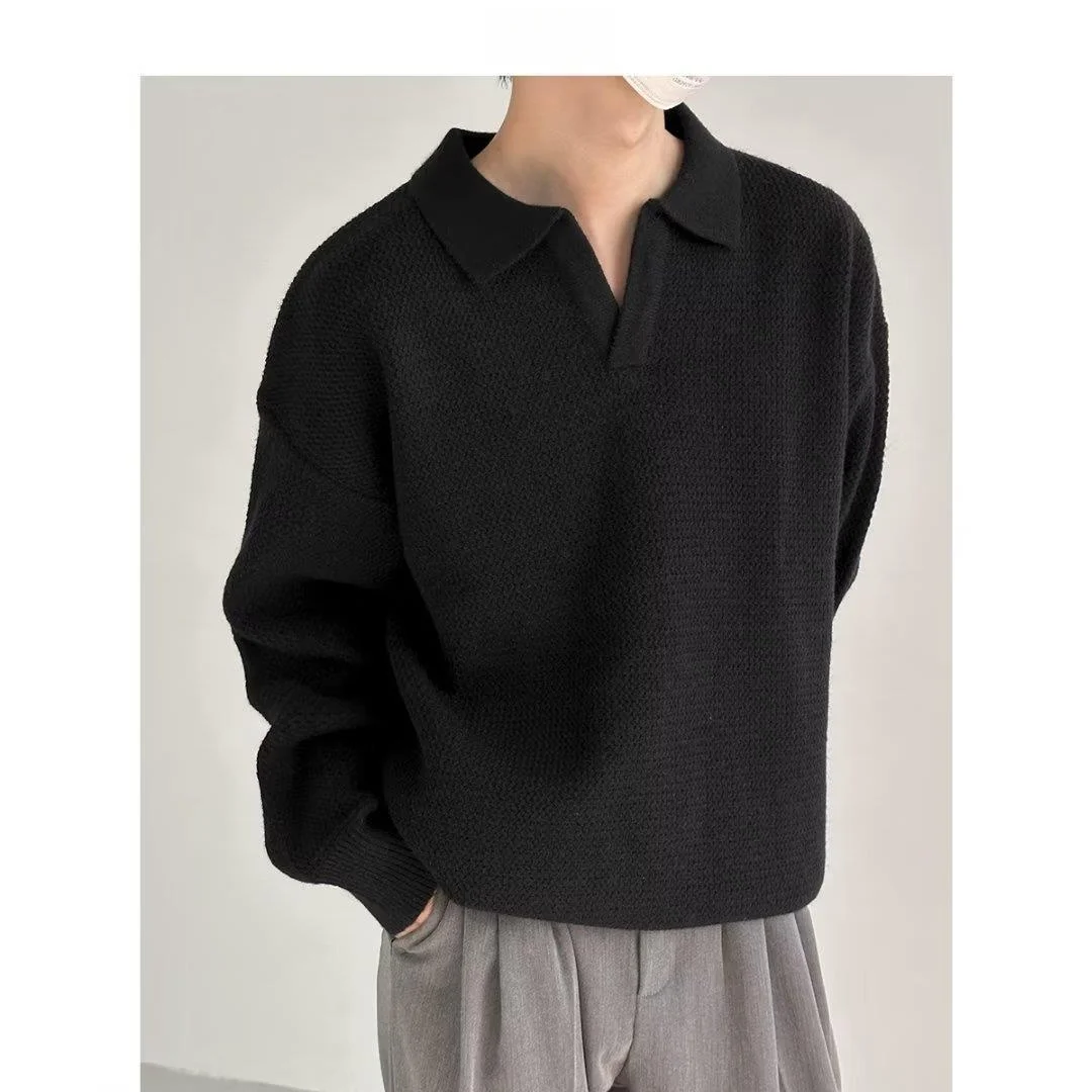 

Trendy V-Neck Loose Knitted Sweater for Men Autumn Winter Korean Retro Collar Base Layer Shirt Cleanfit Polyester Fiber