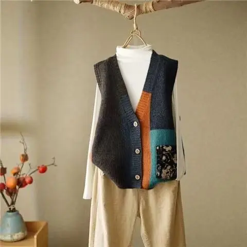 Cardigan à boutons à col en V pour femmes, imprimé patchwork, mode décontractée, élégant, printemps, automne