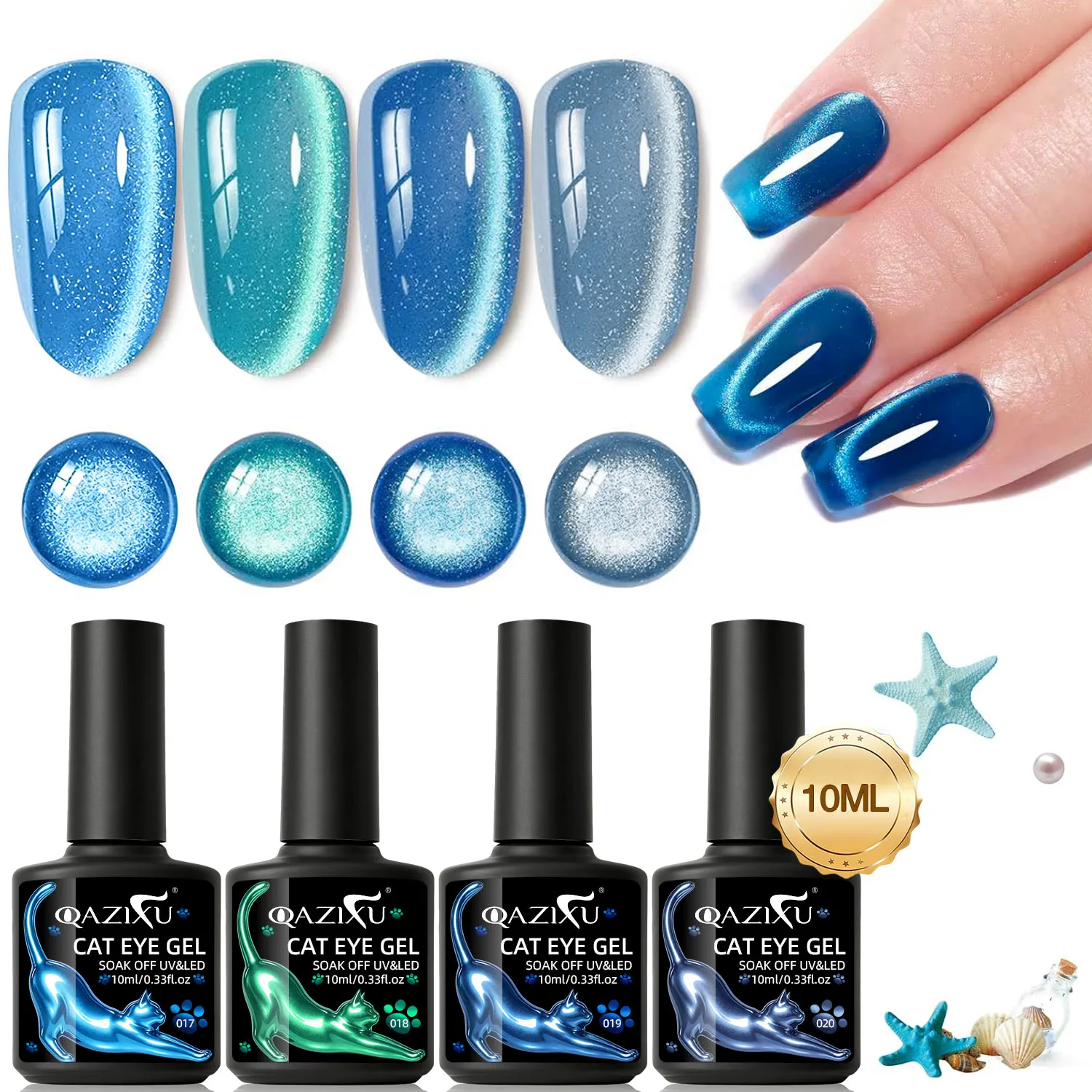 QAZIXU 1/4 peças Conjunto de Esmalte em Gel Olho de Gato Azul, Gel Magnético Verde Cristal, Removível por Imersão, Curável por UV LED, Ferramenta para Arte de Unhas DIY e Manicure
