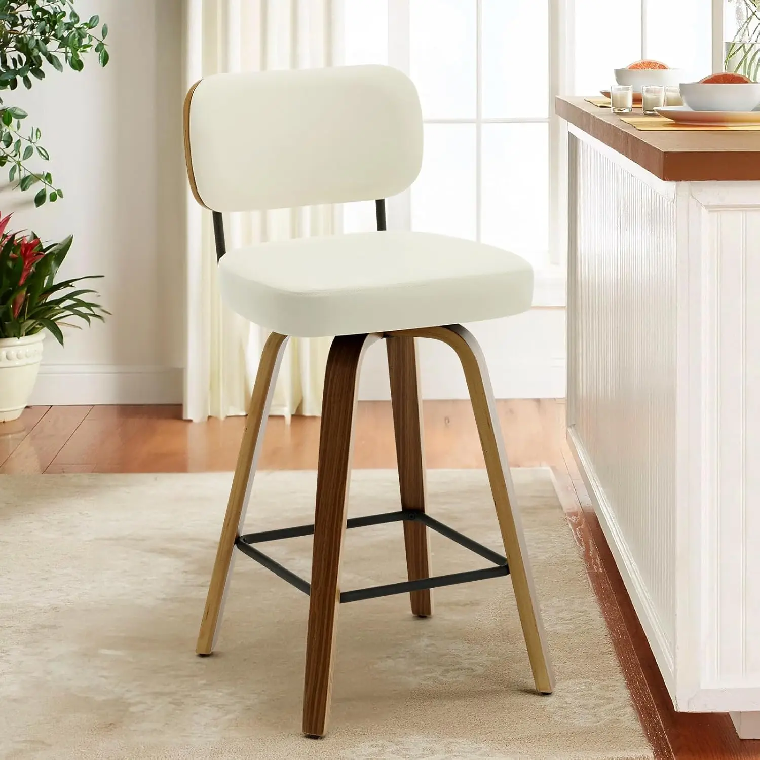 

Вращающиеся барные стулья для барной стойки, 26 дюймов, с обивкой из искусственной кожи, со спинкой и ножками из гнутого дерева, в стиле середины века, на заказ