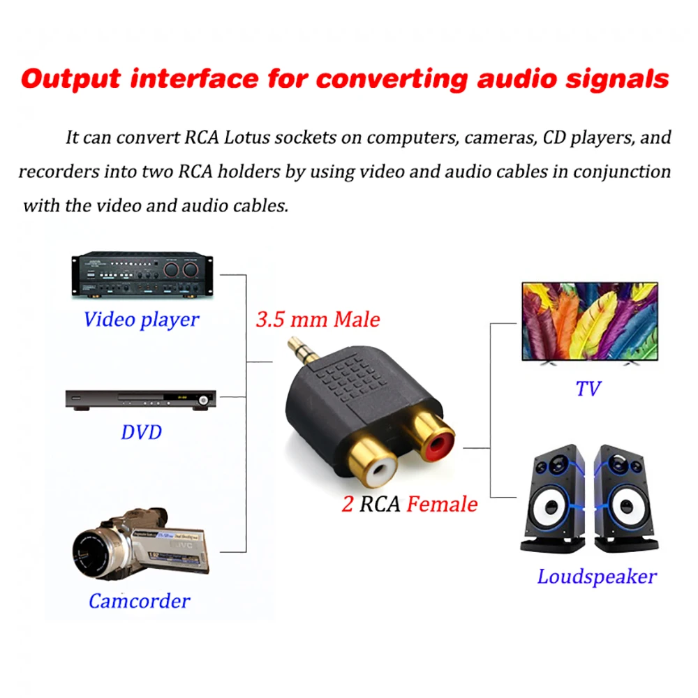 2Pcs 3.5 mm Male to Dual 2 RCA Female Audio Video Adapter Connection Lotus Three Split RCA RF Connector AV Repair Parts