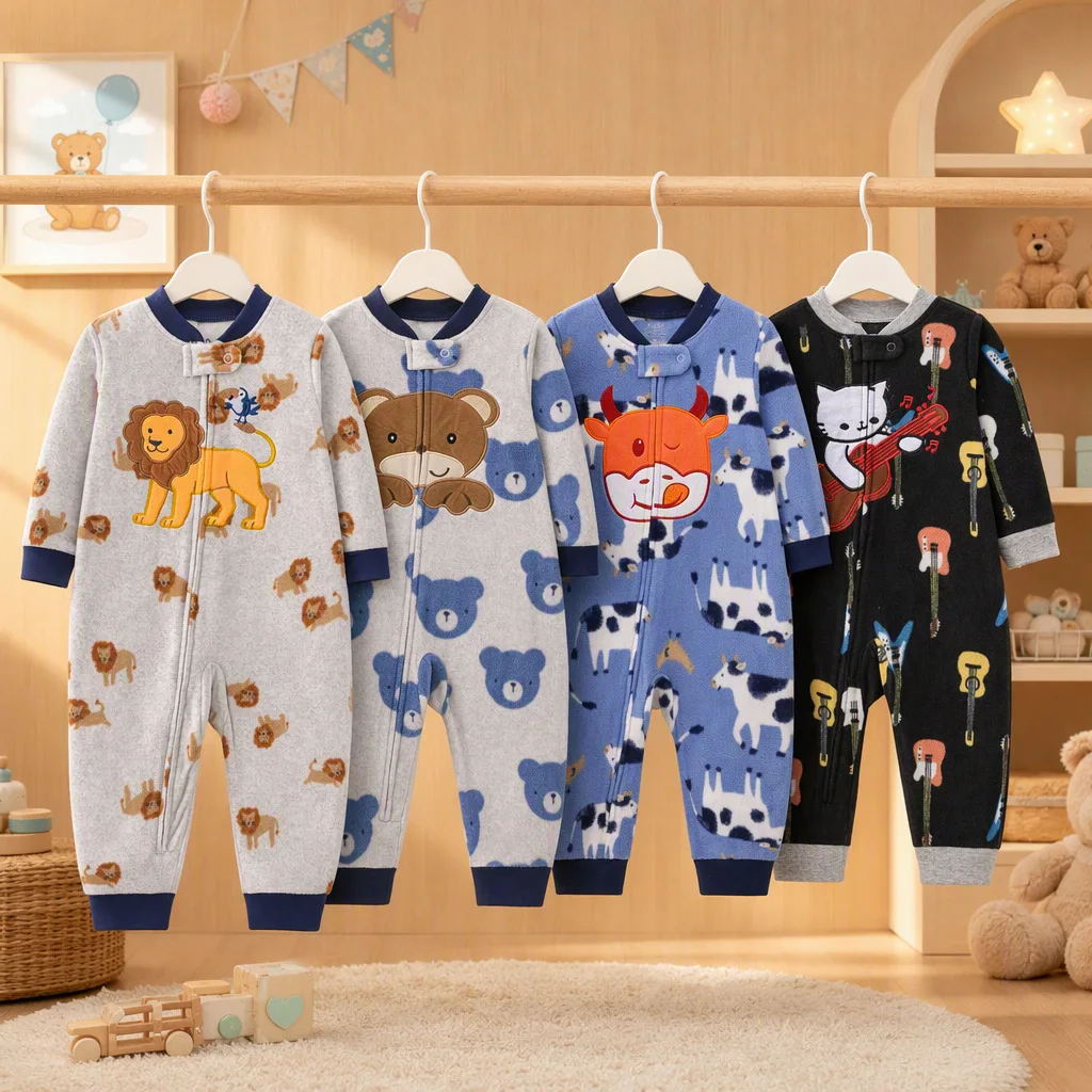 Baby Jungen Polar Fleece Reißverschluss-Strampler Niedliche Tier-Stickerei Löwe Bär Kuh Kätzchen Vollbedruckter Warmer Herbst-Winter-Baby-Overall 9-24M