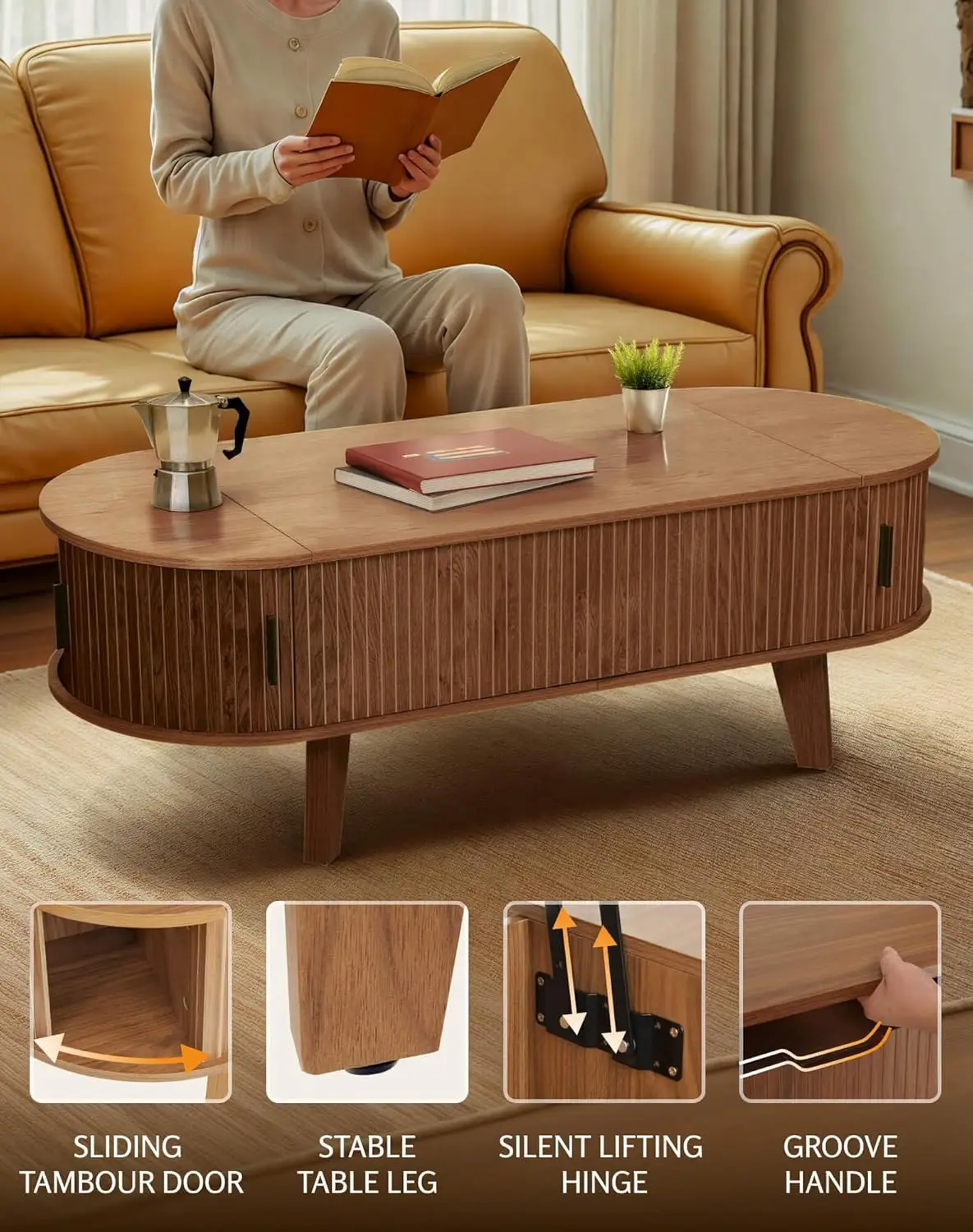 Oval Lift Top Coffee Table With Storage, 47.2" Mid Century Modern Living Room Center Table With 180° Sliding Tambou