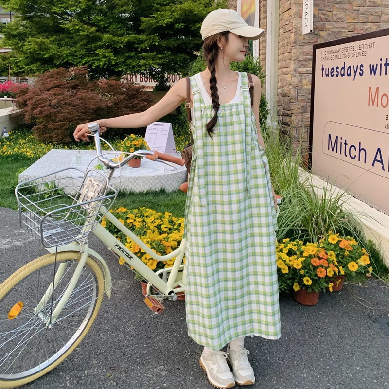 Shpmishal Light Green Age Reducing and Slimming Plaid Strap Dress for Women's Summer New Gentle Long Dresses Female Clothing