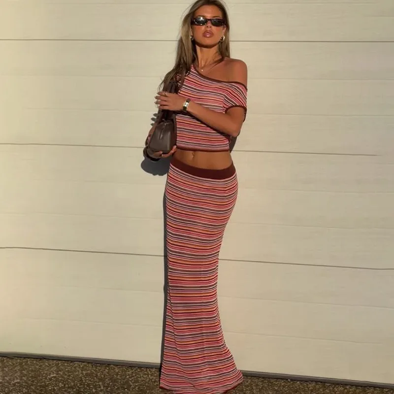 Tuularose Women's Knit Skirt 2-piece Set Vintage Striped Sleeveless Knit Top Slim Maxi Skirt Set Summer Elegant Female Dress Set - view 4