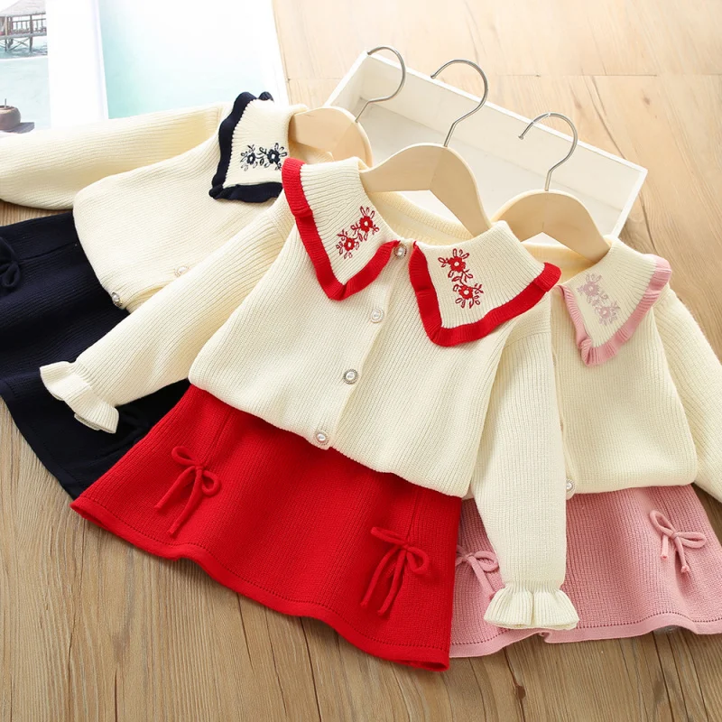 Children's Outfit Autumn Winter New Style Large Collar Flower Embroidery Sweater Two-Piece Set Stylish Skirt