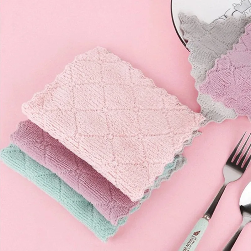 Double-layer Absorbent Microfiber Kitchen Dish Cloth Non-stick Oil Household Cleaning Cloth Wiping Towel Home Kichen Tool