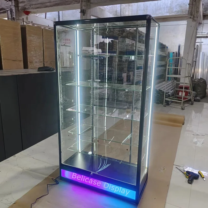 Customized-aluminium frame cheap cheap glass display showcase cabinet LED light tempered glass display product display