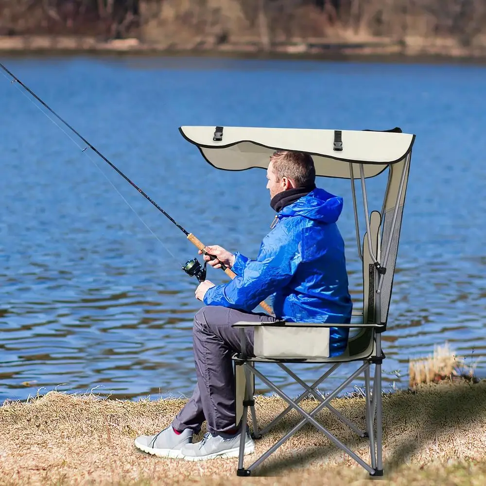 Camping Chairs with Canopy, Portable Quad Lawn Chair for Adults, Folding Recliner Chair with Cup Holder Outdoor Events and Shade