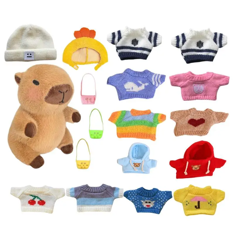 Cute Capybara Plush Toys with 9 pcs Clothes Accessories Dress-Up Doll Soft Stuffed Animal for Kids Birthday Gift Collectible Toy