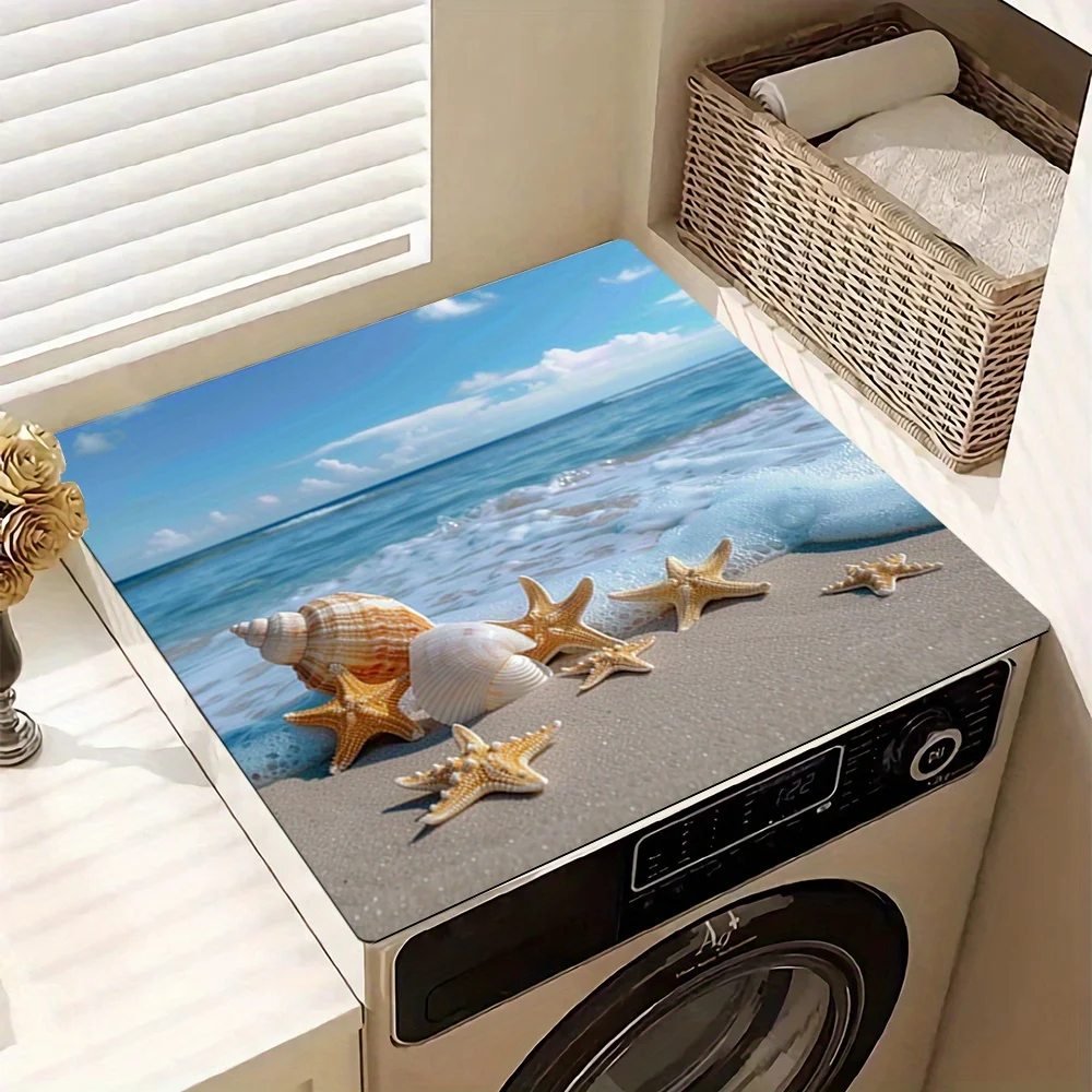

Коврик для стиральной машины и сушилки Coastal Charm, 1 шт., с изображением пляжной сцены с ракушками и морскими звездами, идеально подходит для декора прачечной и защиты от пыли