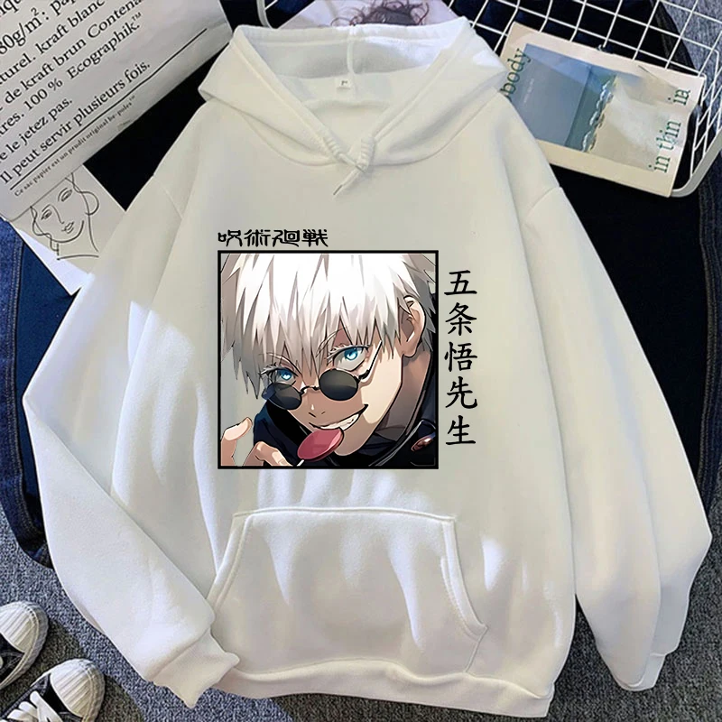 Autumn Winter Casual Anime Gojo Satoru Print Hoodies Solid Color Long Sleeve Hooded Pullovers Sweatshirts Plus Size