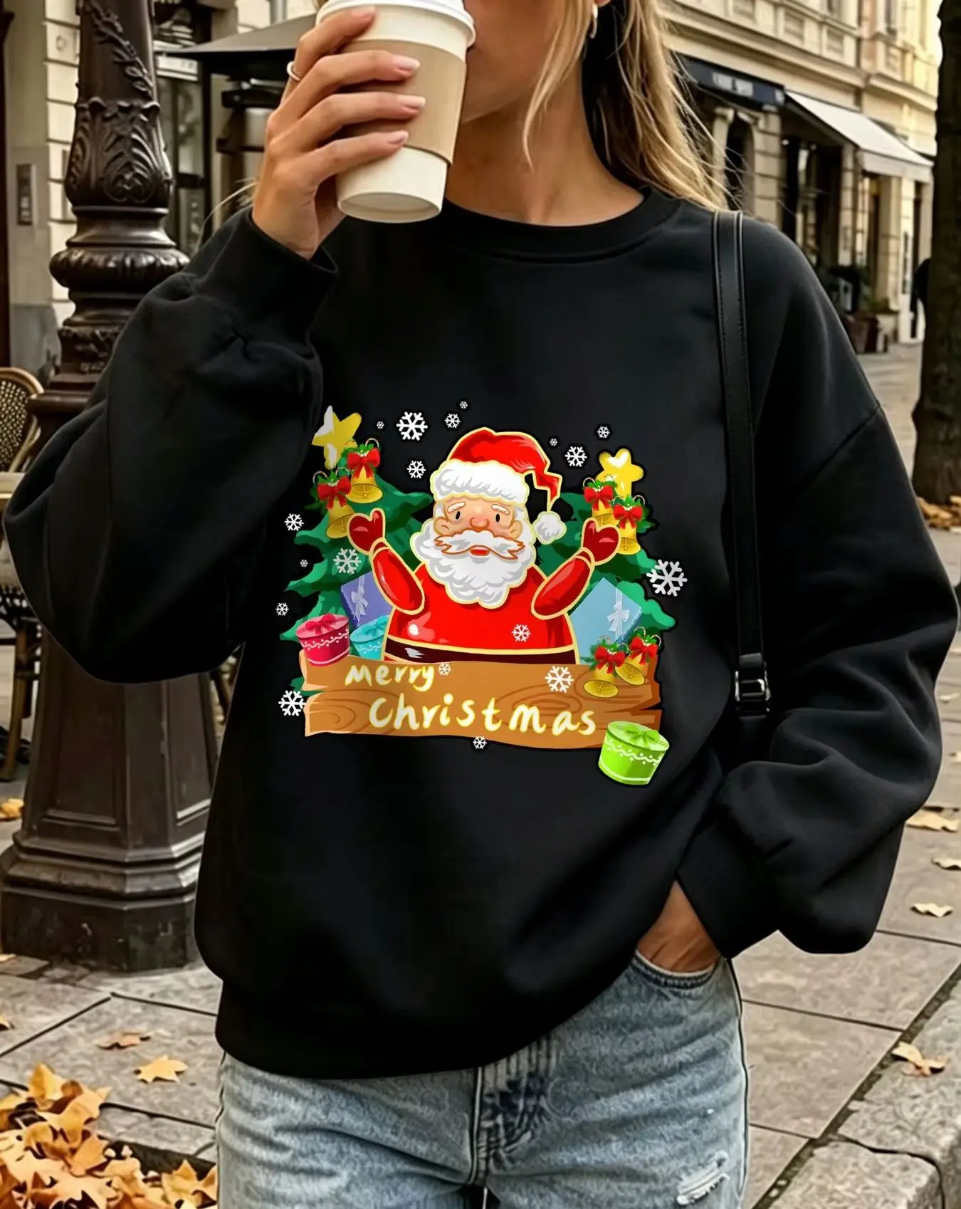 Oversized Women Christmas Crewneck Sweatshirt Cartoon Santa Gift Snowflake Graphic Print Long Sleeve Pullover Merry Christmas Winter Casual Tops