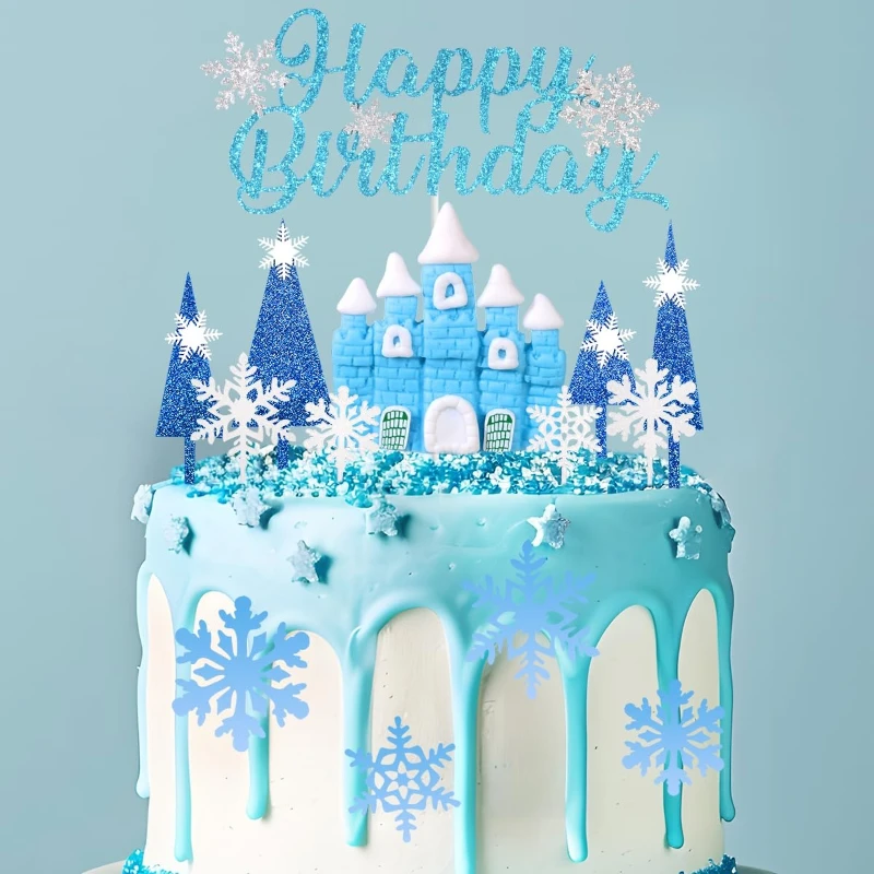 14pcs Snowflake Cake Decorations Blue Castle Tree Cake Toppers Snowflakes Winter Birthday Party Supplies view 2
