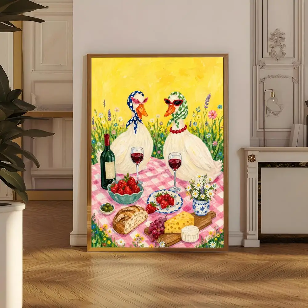 Retro Duck Wine Party Poster Wall art poster artistic painting for living room home decoration  also ideal as a gift