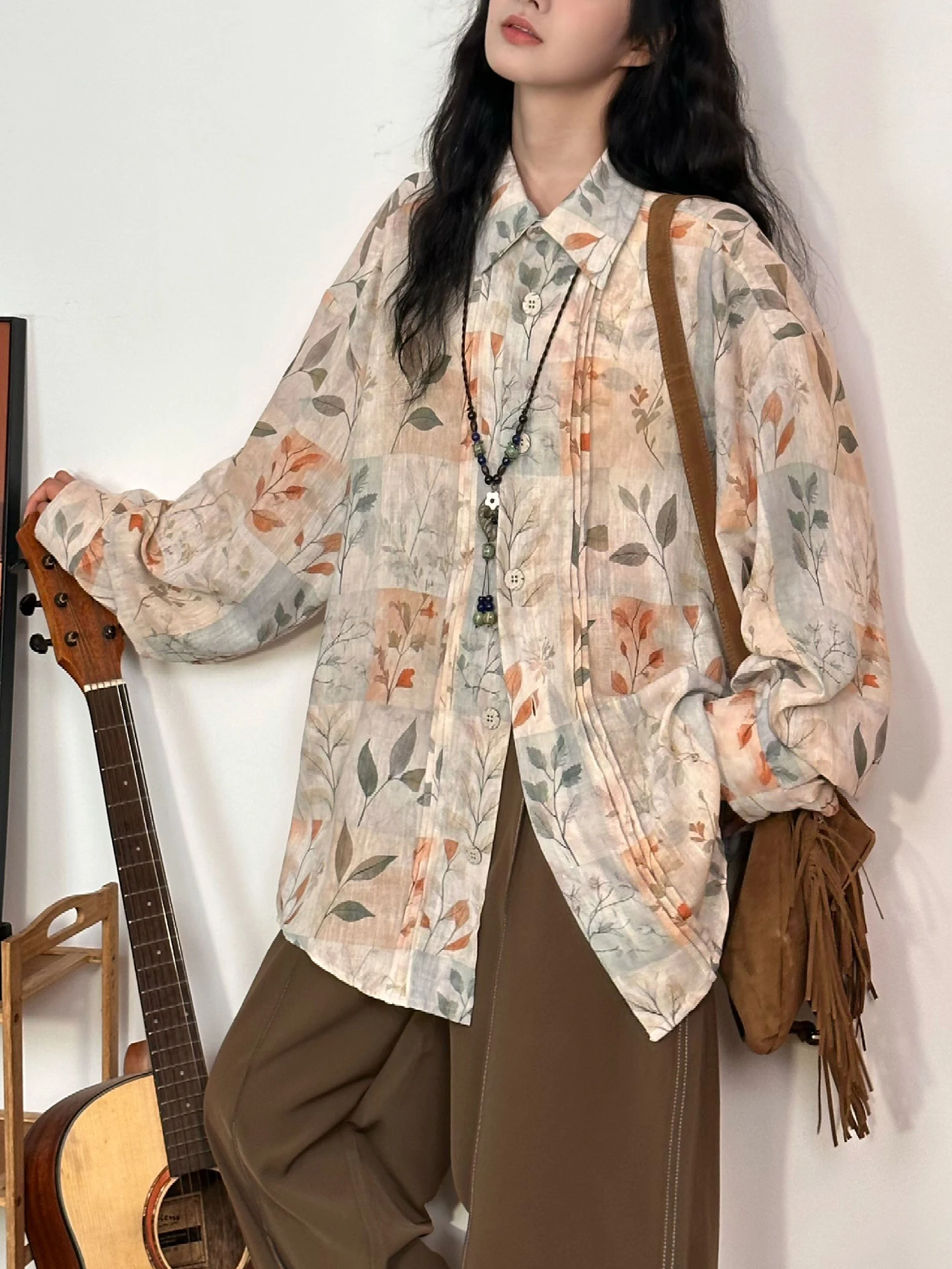 

Loose Long Sve irt Women's Thin Printed Casual Sle Artistic Streetwear Polyester Fiber Breathable Comfortable Fit