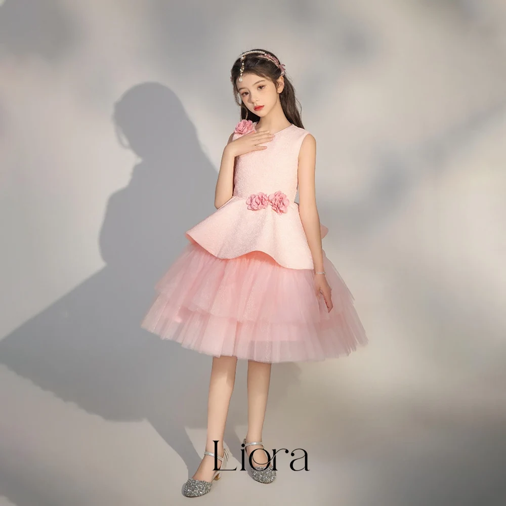 Liora Customized Pink Tulle Tiers Short Flower Girl Dress 3D Floral Sleeveless O-Neck Peplum Kids Formal Wedding Gown