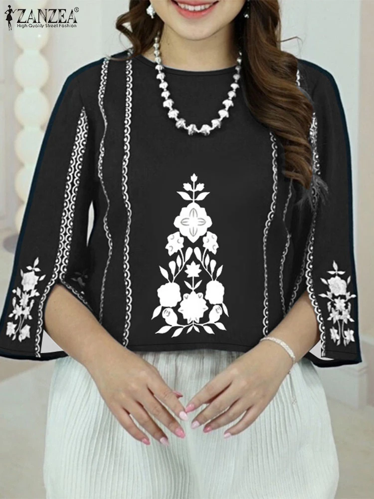 Zanzea mulher casual contraste-cor impressão blusas 2025 verão o pescoço 3/4 manga fenda-manças blusas mujer dia wear commute topos