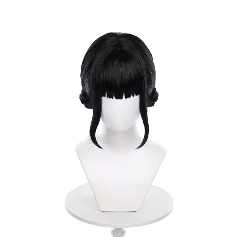 Black Straight Bangs Double Bun Cosplay Wig for Women Anime Costume Hairpiece Stage Performance Halloween Party Role Play Props
