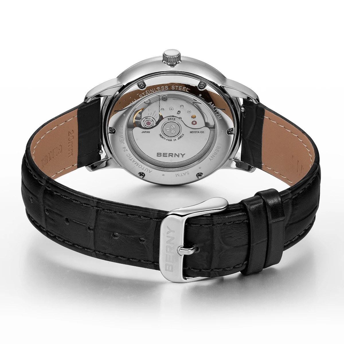 BERNY Automatikuhren für Herren, luxuriöse klassische mechanische Herrenuhr, gewölbtes Glas, Kalender, elegante, schlanke Armbanduhr – Detail 6