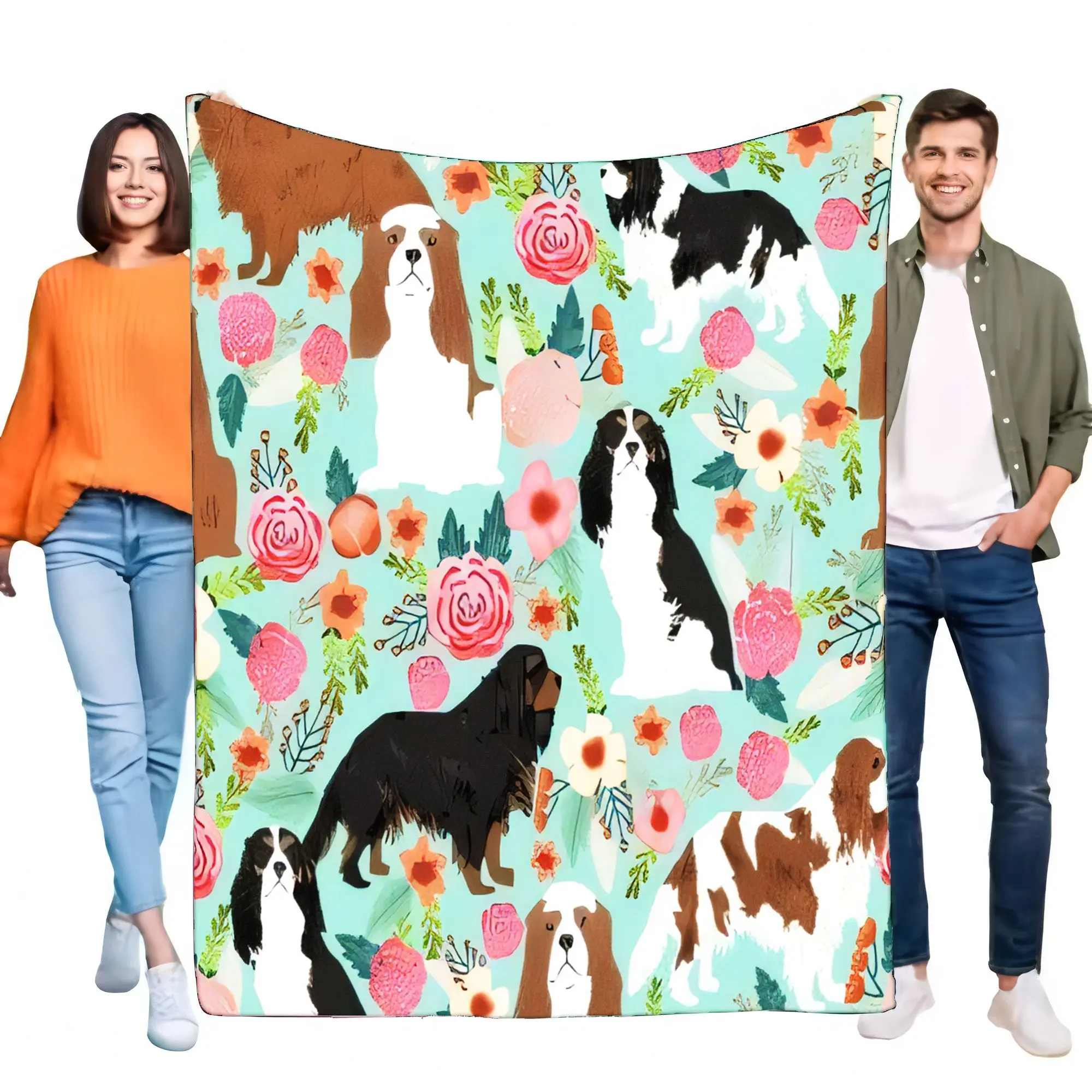 Mint Floral King Charles Spaniel Blanket Ultra-Soft Lightweight Flannel Throw Bed Sofa Pet Lover Gift Home Decor