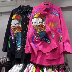 Cute Cartoon Sequin Long-sleeved Shirt Women Spring and Autumn Fashion Casual Loose Contrasting Single-breasted Jacket Women