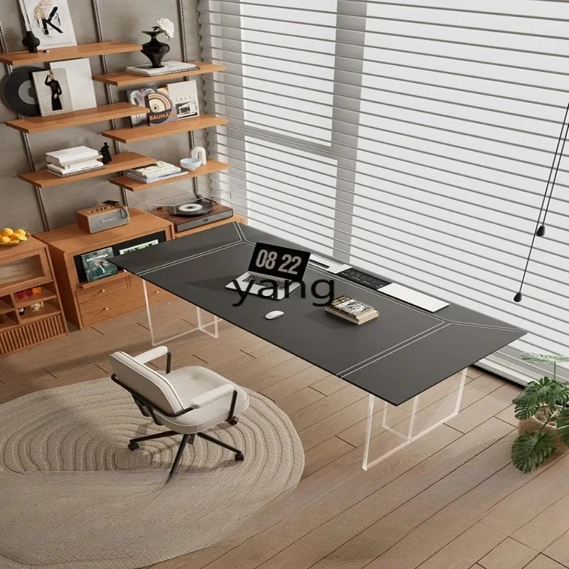 LMM  White Desk Cream Wind Saddle Leather Acrylic Suspension Double Long Table Desk