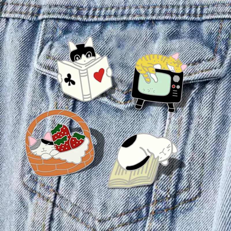 Elegant Lazy Cats Enamel Brooches Cute Cartoon Animals Badges Kitten Reading Book Sleeping Pins Jacket Denim Lapel Jewelry Gifts