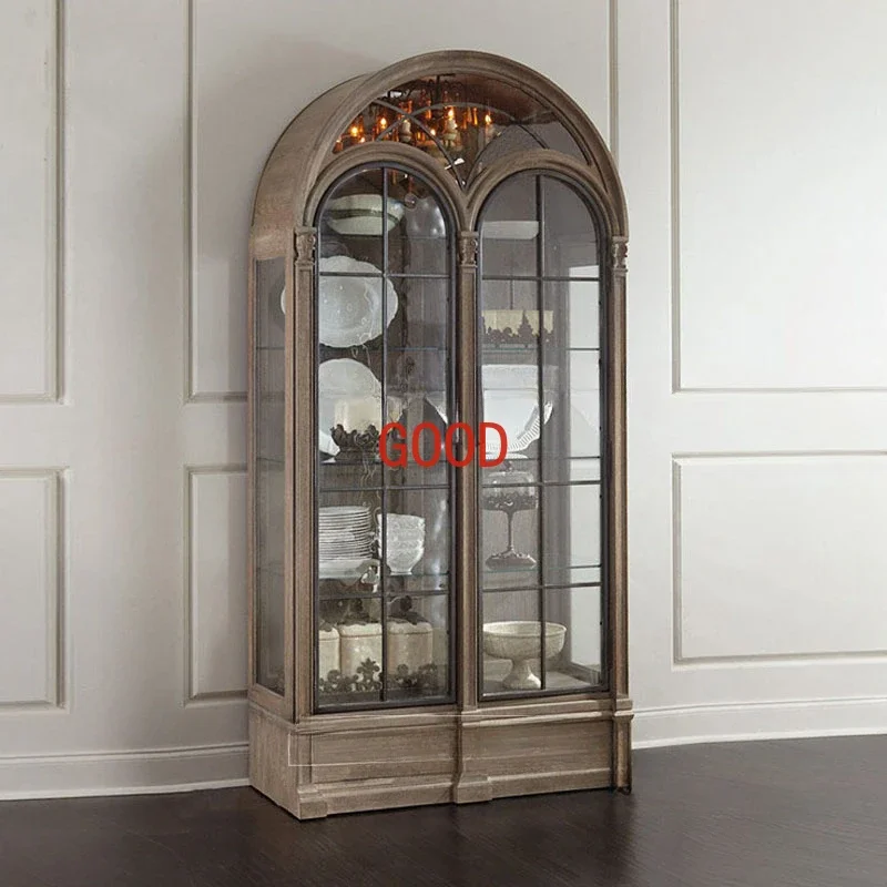

American-Style Solid Wood Wine Cabinet Side Cabinet Integrated Wall Semicircle Arched Glass Door Display Cabinet High-End