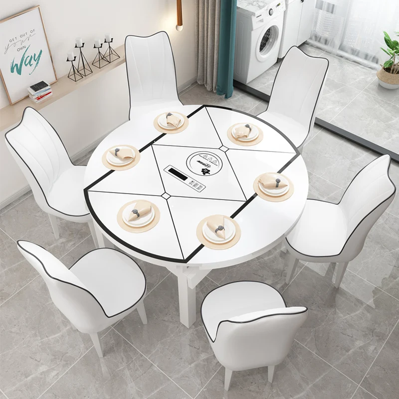 Solid wood dining table and chair combination, modern simple folding retractable dining table, small household round