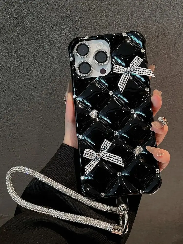 

Luxury Glitter Bow Case for iPhone 16 Pro Max Chic Bling Bling Glitter Diamond Strap Chain Cover for iPhone 14 15 13 16e 12 Pro