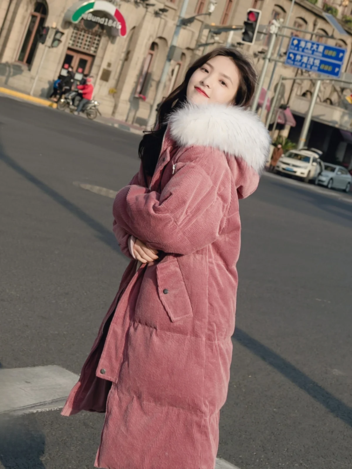 

Women's Corduroy Cotton Jaet Thiened Mid-Length Winter Coat Korean Sle Straight Cut Long Sve Zipper Pure Color