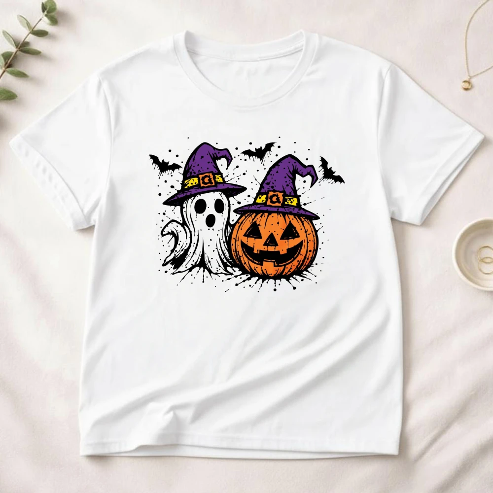 Ghost Pumpkin Witch Hat Cotton T-Shirt Halloween Clipart Ghost Printing Tshirt Cute Boo Ghost Fall Pumpkin Shirt Spooky Art Tees