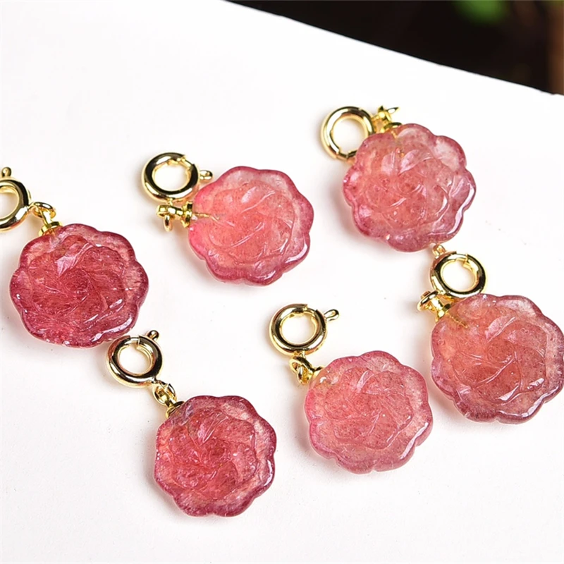 

3PCS Natural Strawberry Quartz Flower Pendant Reiki Healing Fengshui Stone Home Room Decoration Exquisite Gift 12X5MM