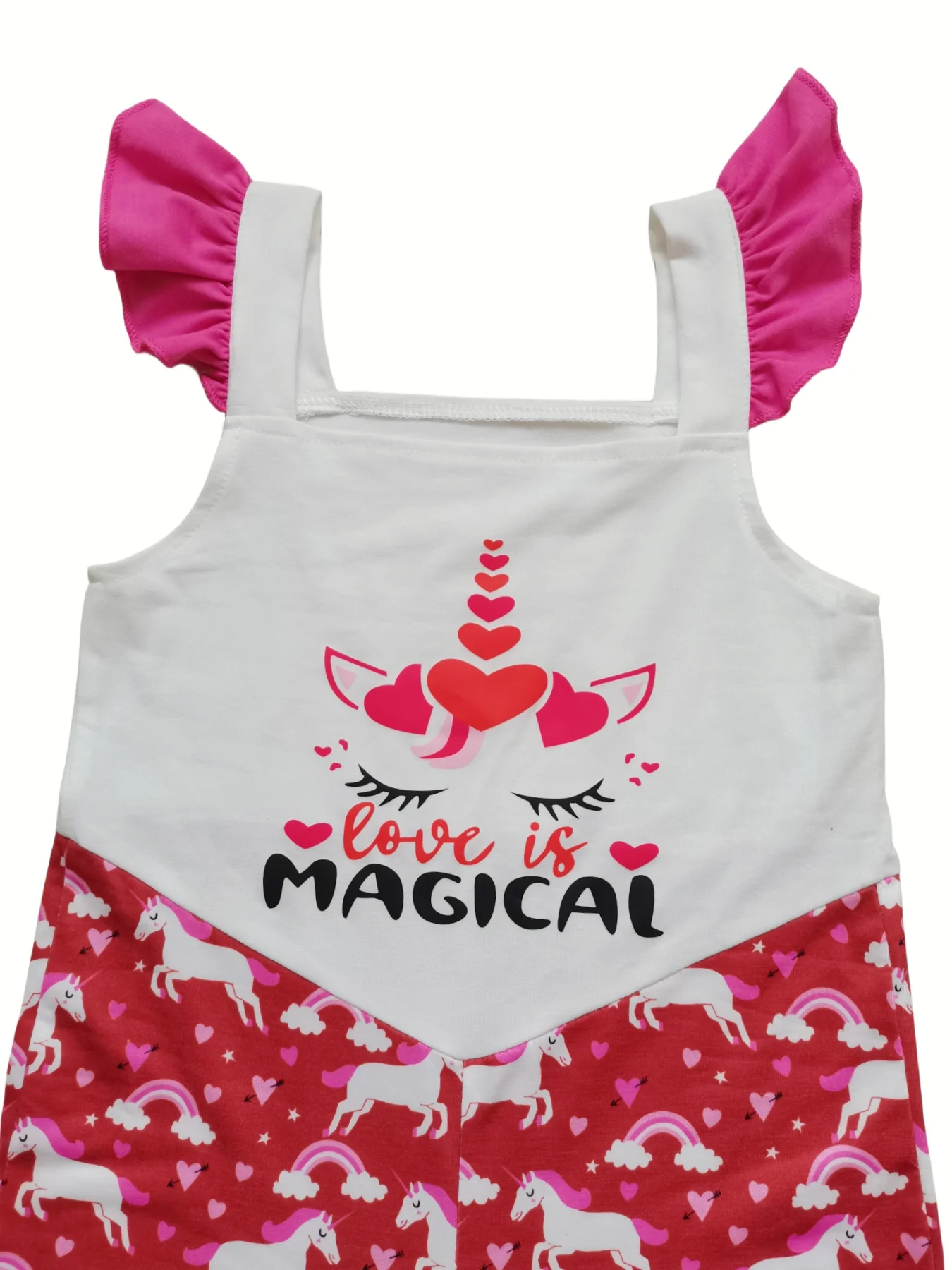 Teenager Girl Unicorn Jumpsuit Summer Red Hearts Ruffle Sleeve Kids  Magical Princess Inspired Onesie view 4