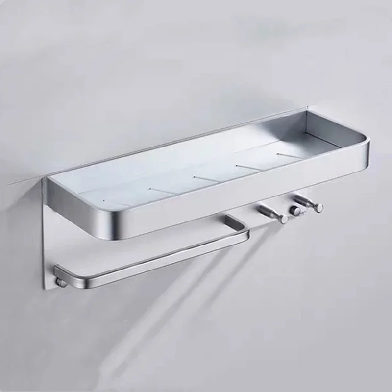 Bathroom Kitchen Shelf Black/Silver Aluminum Wall Mounted With Towel Rack And Hoook Shower Holder Storage Racks Adhesive Or Nail