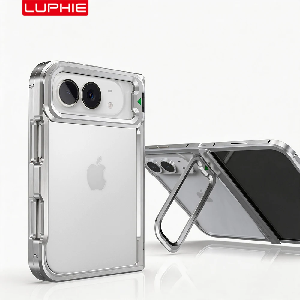 LUPHIE for iphone Duo Case Hinge Fold Aluminum Metal Bumper Shockproof Frame Cover Backless with Stand Screw Free Installation
