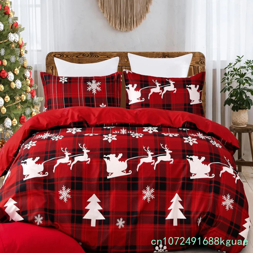 Luxury Christmas Queen Duvet Set Of 3 pieces, Featuring A Red Buffalo Checkered Reindeer Snowflake Pattern And Soft Bedding