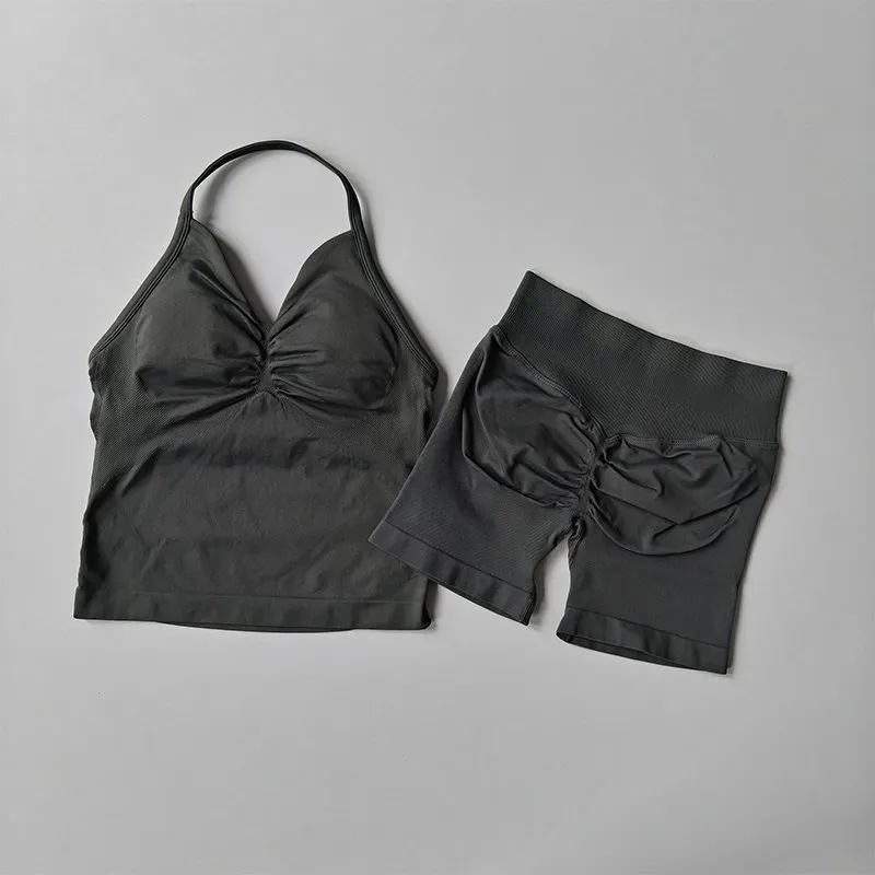 Nahtloses Fitness-Zweiteiler-Set für Damen, hochelastischer gestrickter Sport-BH und Yoga-Shorts-Set, schönes Rückendesign, Po-Lifting-Weste – Detail 10