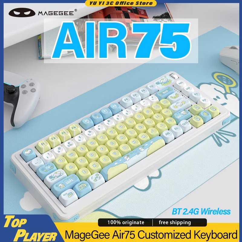 MageGee AIR75 Mechanical Keyboard Customized Hot Swappable Gasket Dynamic RGB 2.4G BT Wireless 3 Modes Connection Cute Keycaps