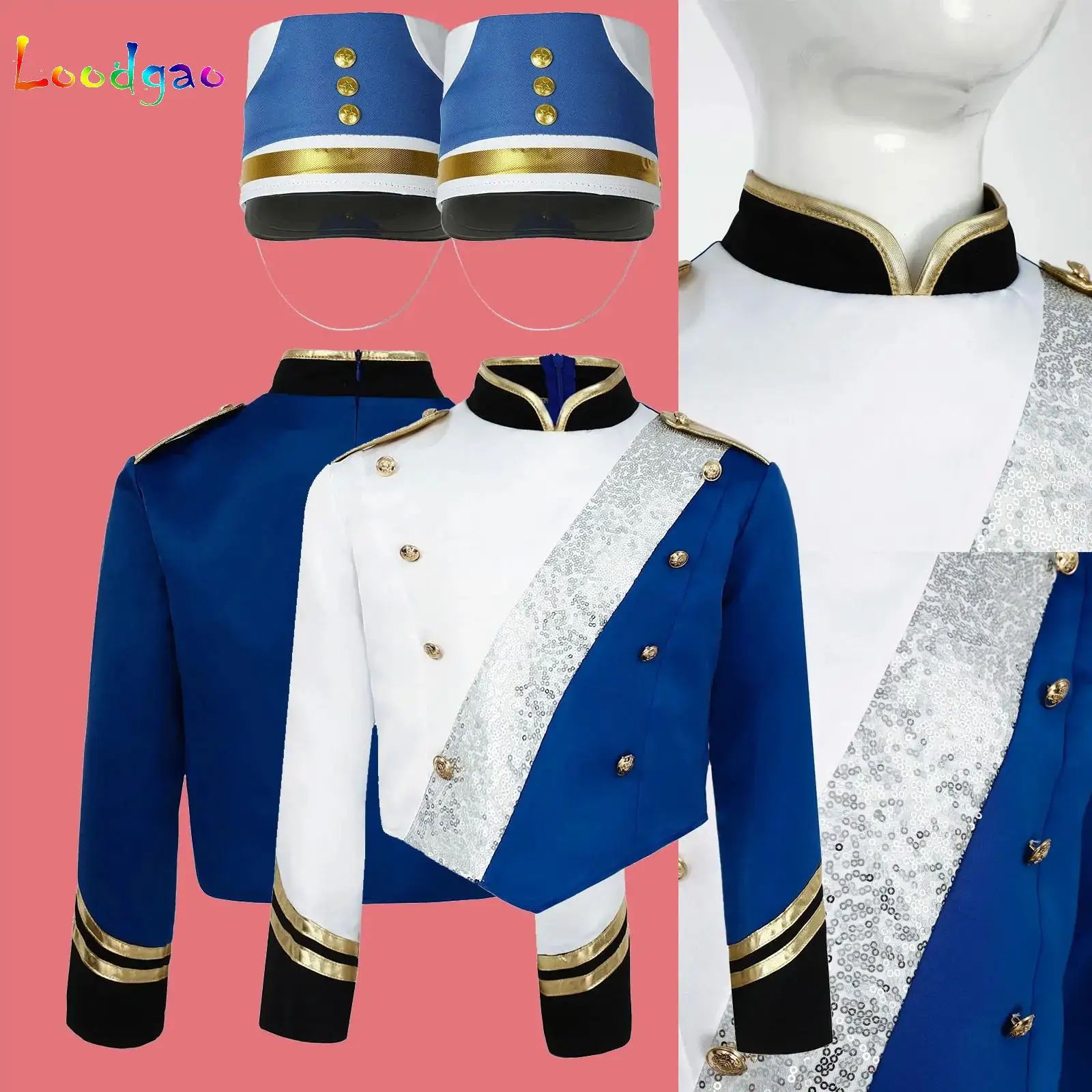 

Kids Boys 2Pcs Marching Band Costume Metallic Sequins Drum Team Music Guard of Honor Jacket with Hat for Children School Stage