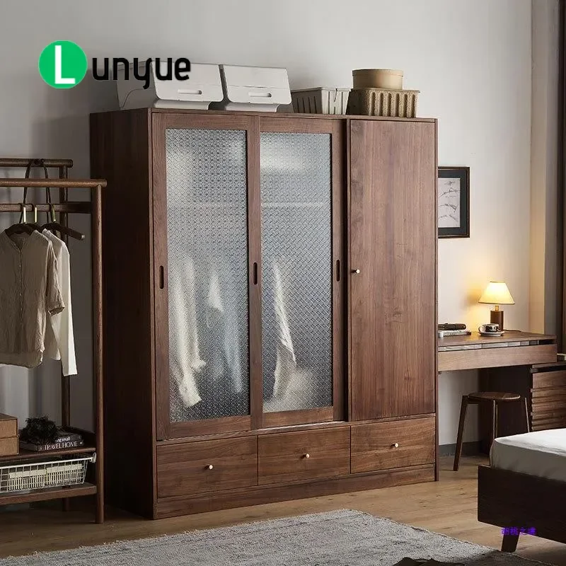 Nordic Solid Wood Sliding Door Wardrobe Modern Simple Begonia Flower Glass Cabinet Black Walnut Bedroom Storage Furniture