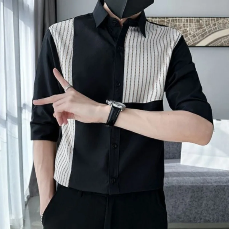 

​Men's Patchwork Striped Cool Stylish Three Quarter Sleeve Shirt Set Summer Premium Trendy Slim Fit Casual​